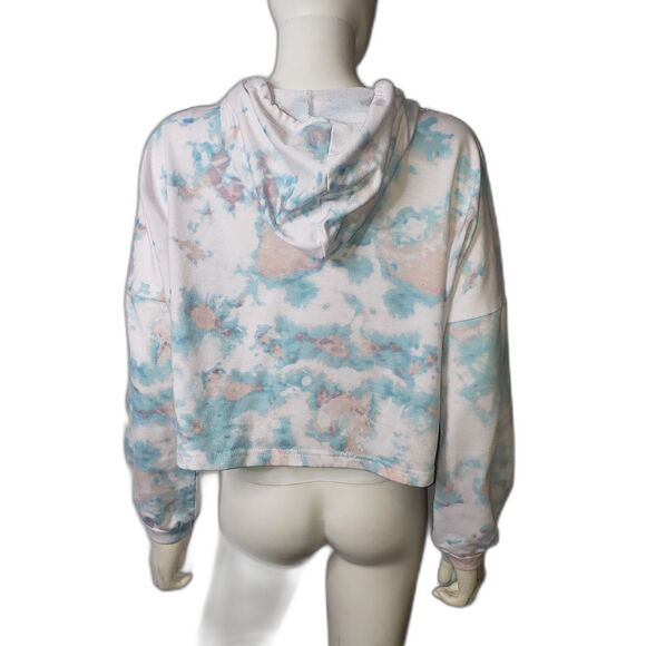 Bebe Hoodie Womens Medium Blue Pink Tie Dye Cropped Pullover Sweatshirt Logo - Picture 2 of 7